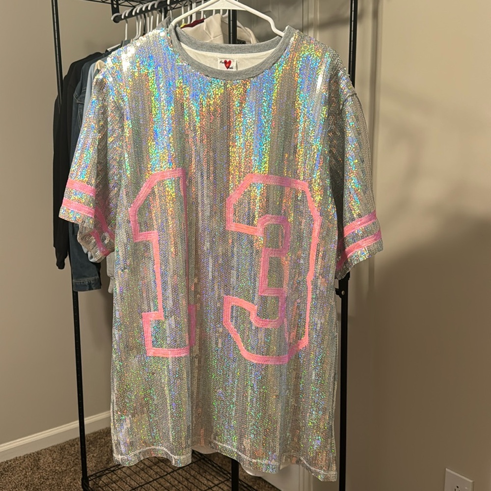 Silver Pink Sequin oversize shirt/dress, football jersey alike, Eras Tour coded